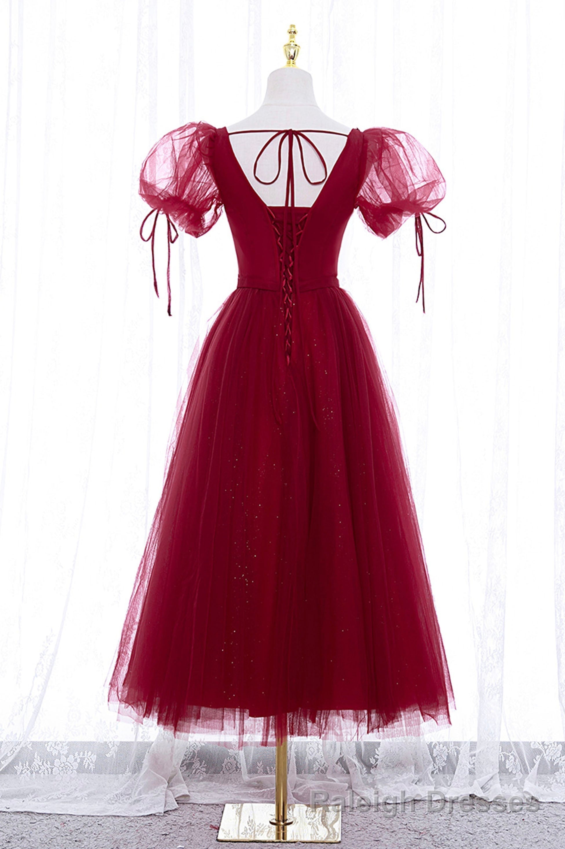Burgundy Short Sleeve Tulle Tea Length Prom Dress, A Line Prom Dress