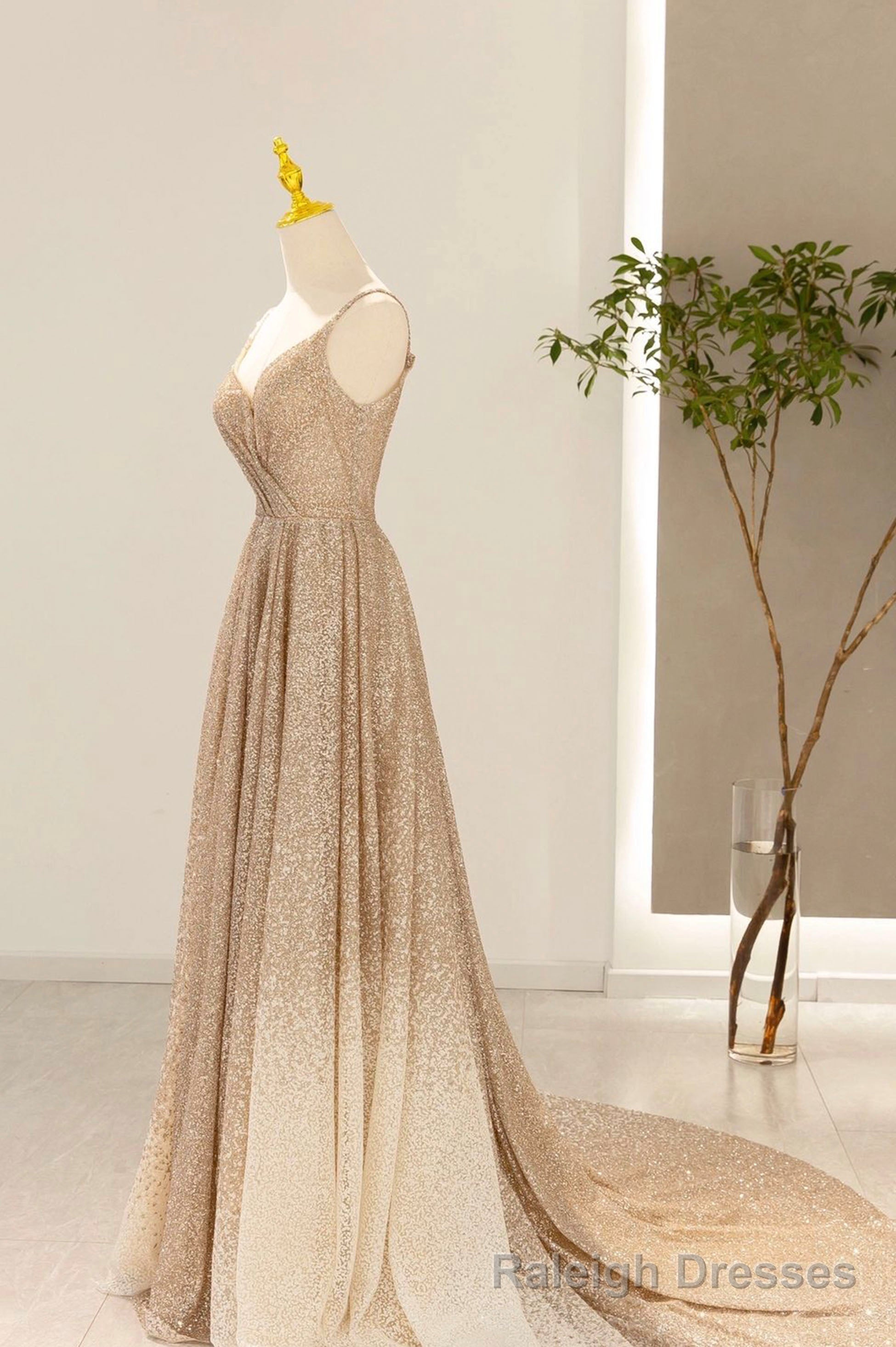 Gold V-Neck Sequins Long Prom Dress, A-Line Evening Party Dress Secondary image