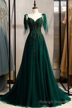 Green V Neck Lace Long Prom Dresses, A Line Prom Dresses