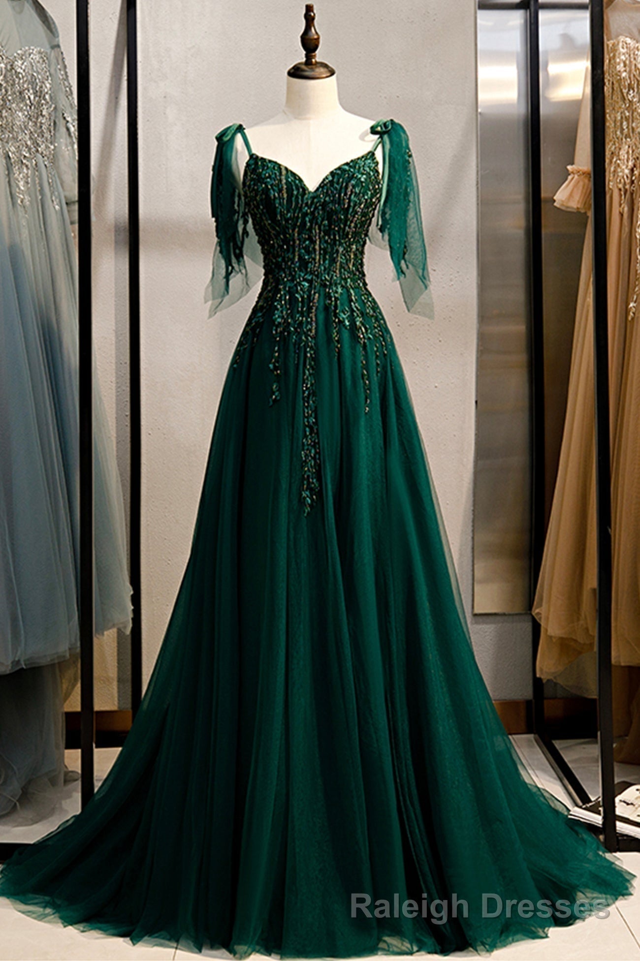 Green V Neck Lace Long Prom Dresses, A Line Prom Dresses