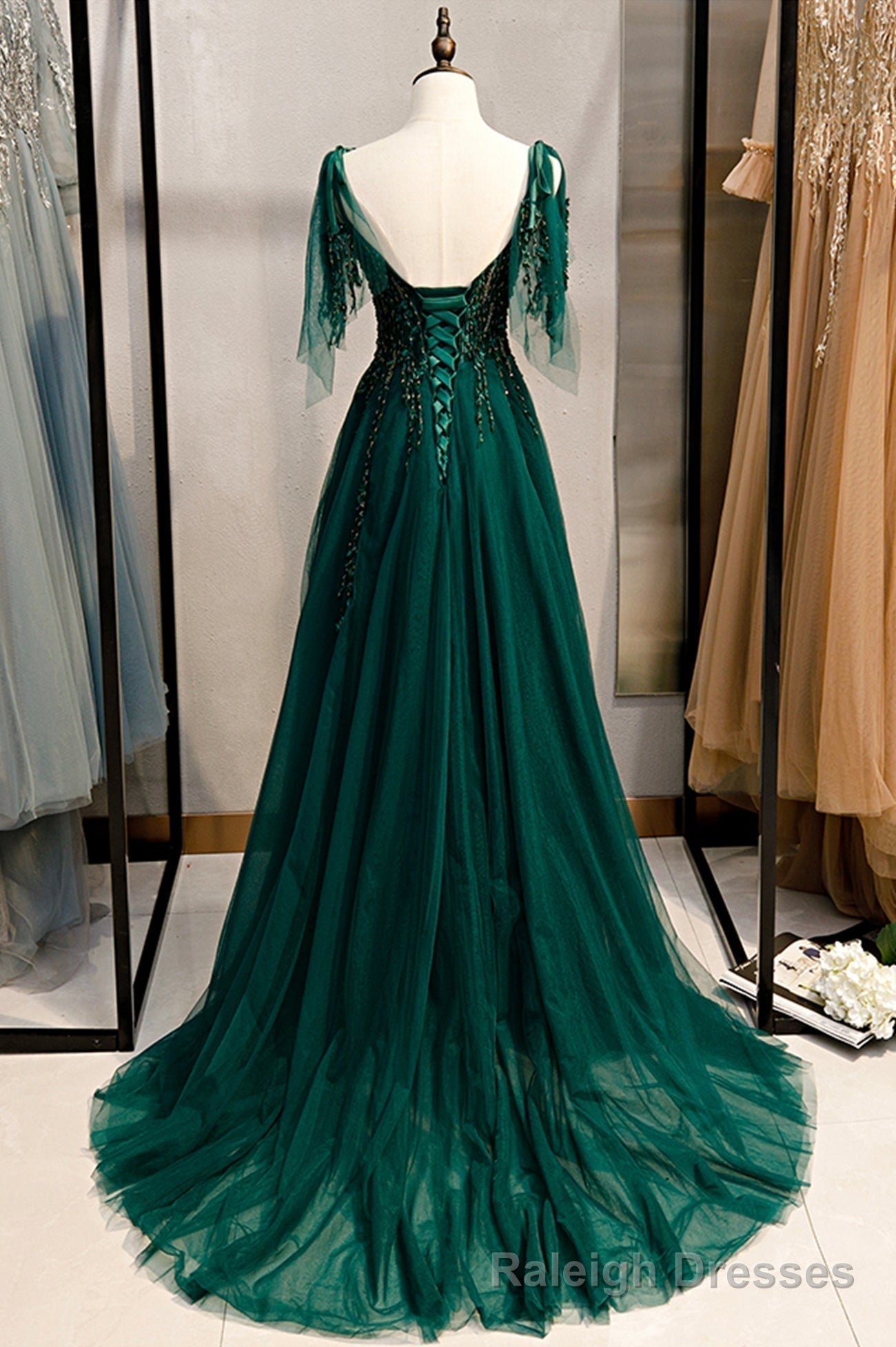 Green V-Neck Lace Long Prom Dresses, A-Line Evening Dresses