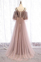A Line Tulle Long Prom Dresses, Lace Prom Dresses