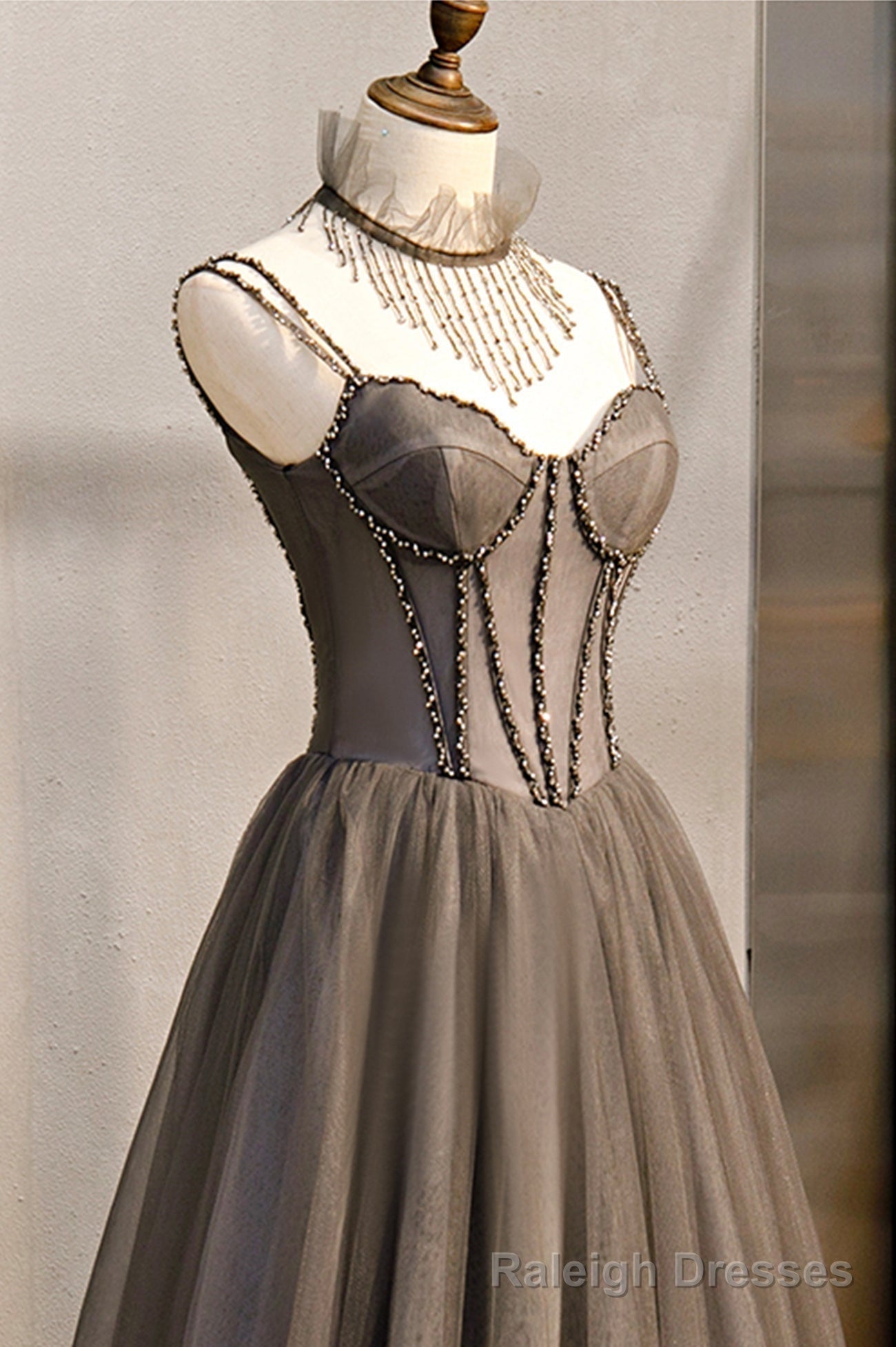 Gray Tulle Spaghetti Strap Long Prom Dresses, A Line Prom Dresses