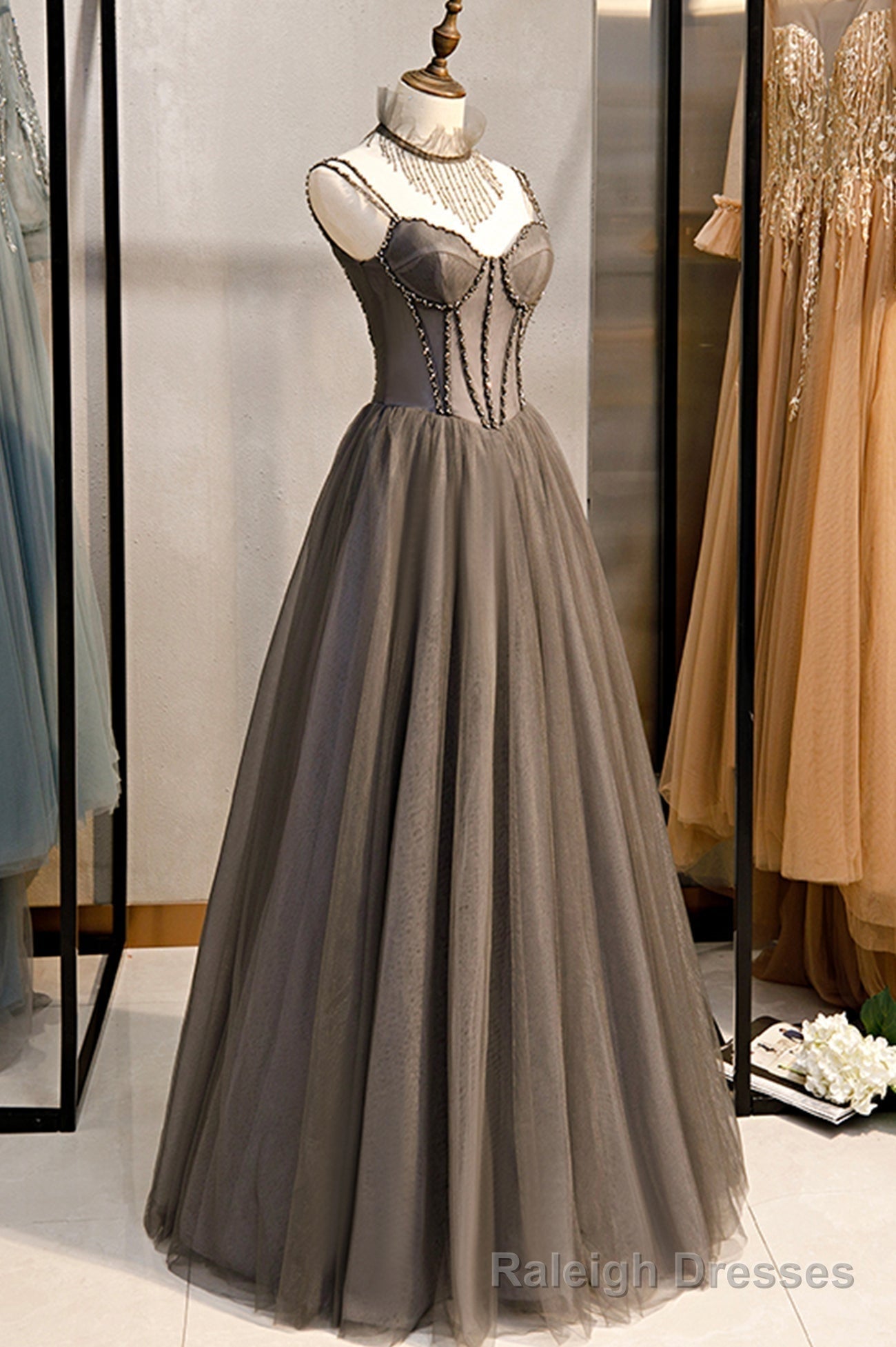 Gray Tulle Spaghetti Strap Long Prom Dresses, A Line Prom Dresses