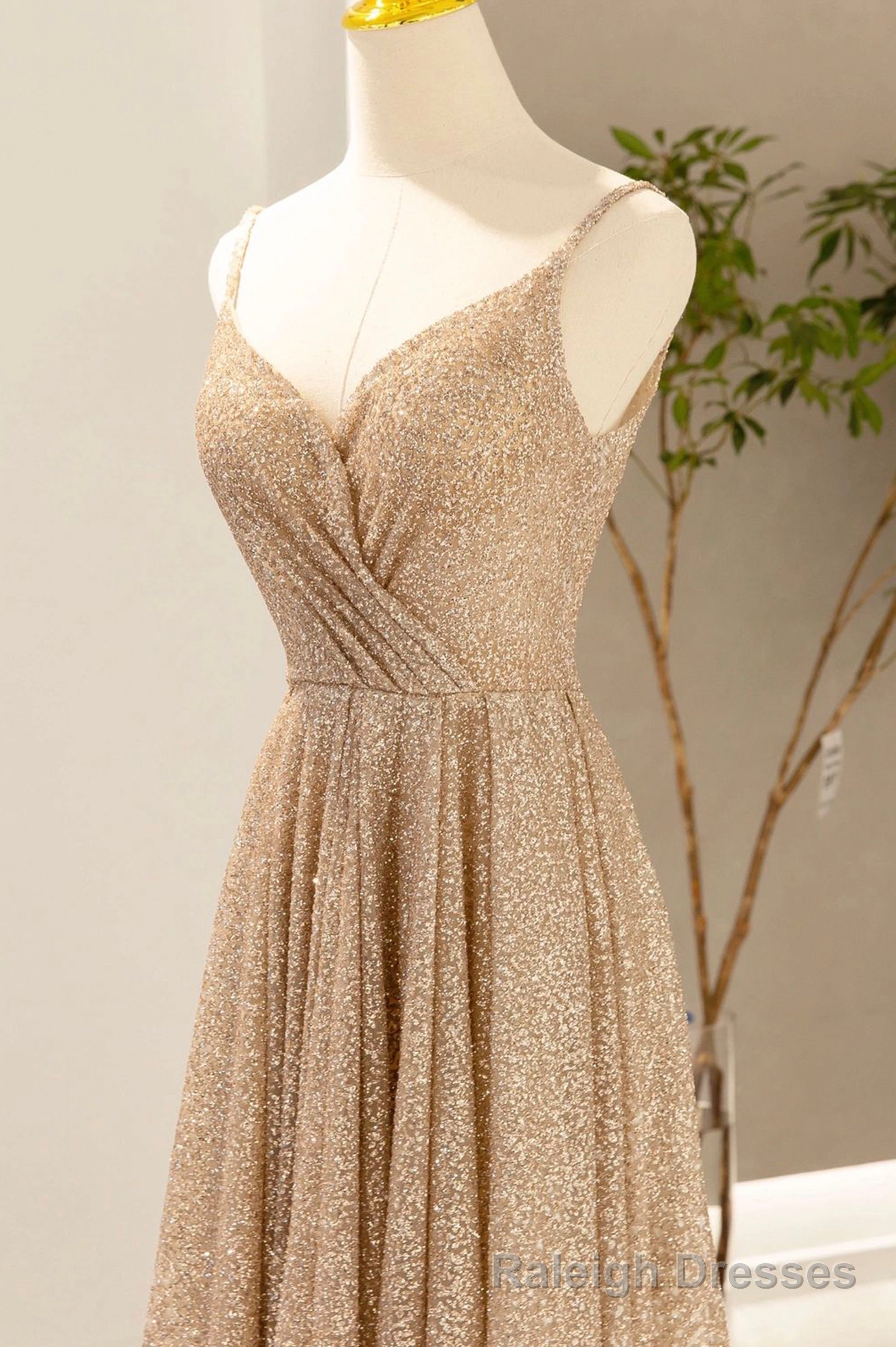 Gold V-Neck Sequins Long Prom Dress, A-Line Evening Party Dress