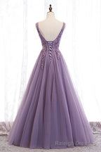 Purple V-Neck Lace Long Prom Dresses, A-Line Evening Party Dresses