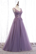 Purple V Neck Lace Long Prom Dresses, A Line Prom Prom Dresses