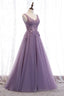 Purple V Neck Lace Long Prom Dresses, A Line Prom Prom Dresses