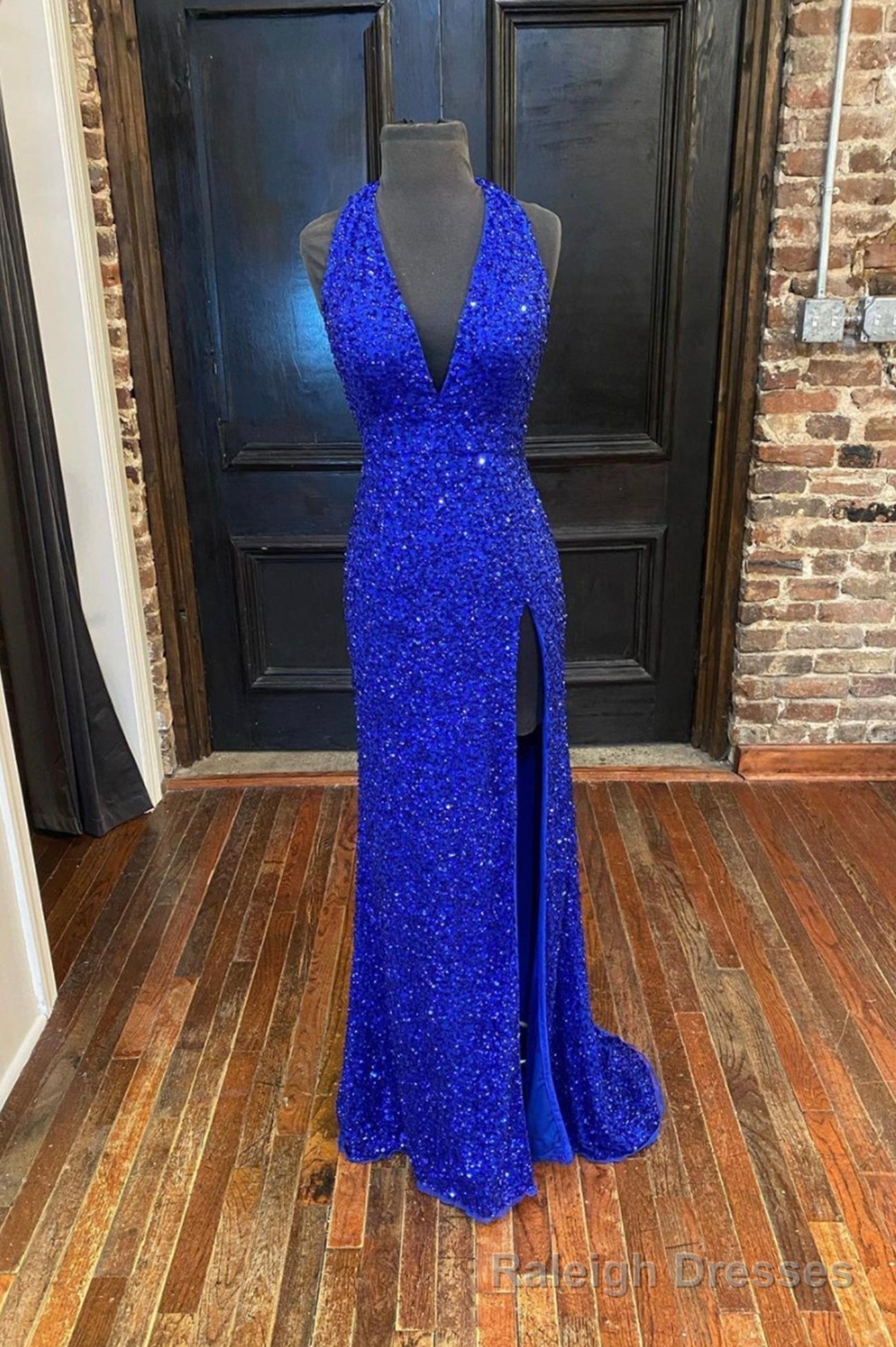 Blue V-Neck Sequins Long Prom Dresses, Blue Formal Evening Dresses Main image