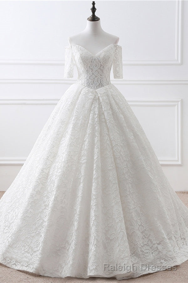 A Line Lace Off the Shoulder White Lace Bridal Gowns