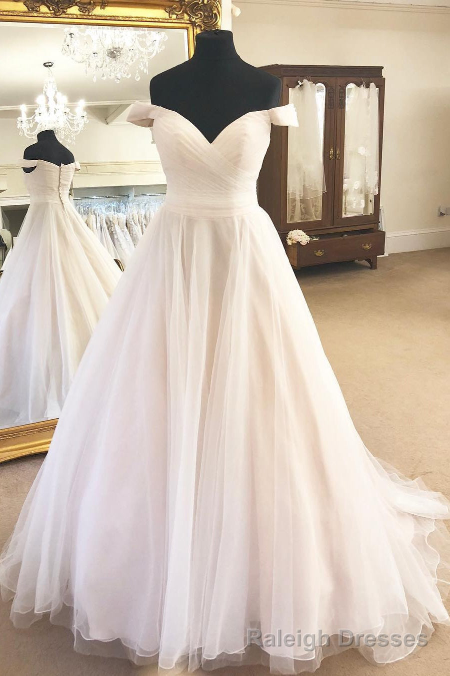Off the Shoulder A Line Ivory Wedding Dress with Pleats