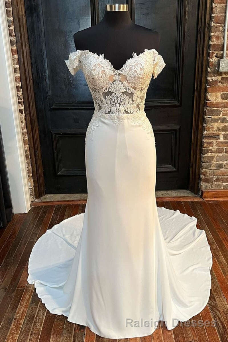 White Lace Off-the-Shoulder Mermaid Long Wedding Gown Main image