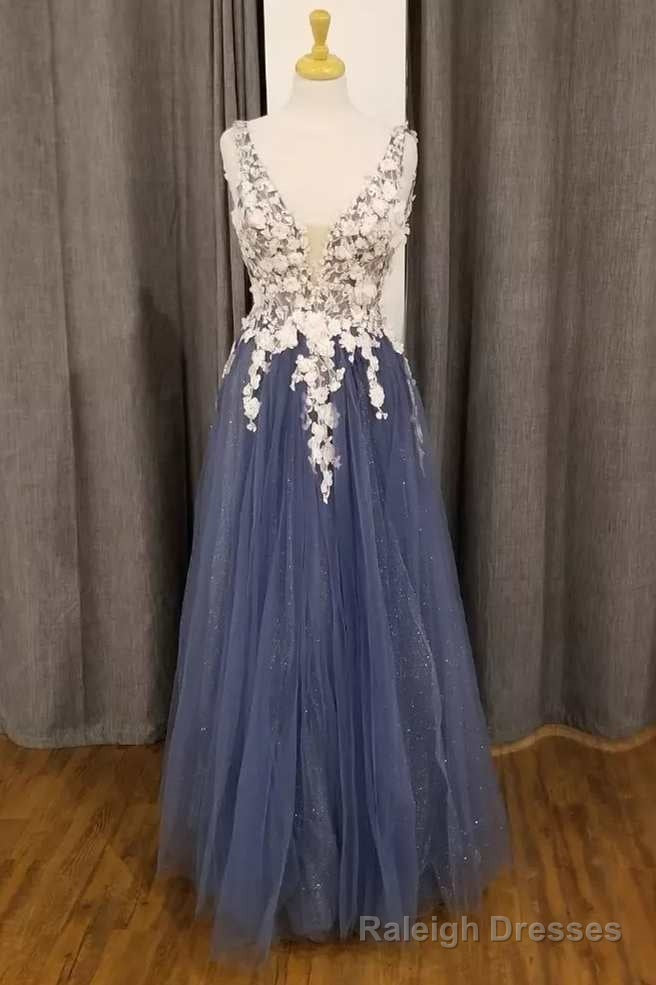 White and Navy 3D Floral Lace Plunge Neck A-Line Prom Dress Main image