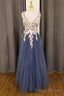 White and Navy 3D Floral Lace Plunge Neck A-Line Prom Dress