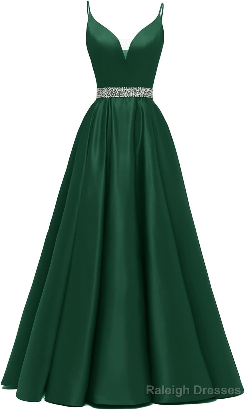 Spaghetti Straps Prom Dresses Long Satin Beaded V-Neck Formal Evening Party Ball Gowns with Pockets