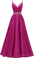 Spaghetti Straps Prom Dresses Long Satin Beaded V-Neck Formal Evening Party Ball Gowns with Pockets