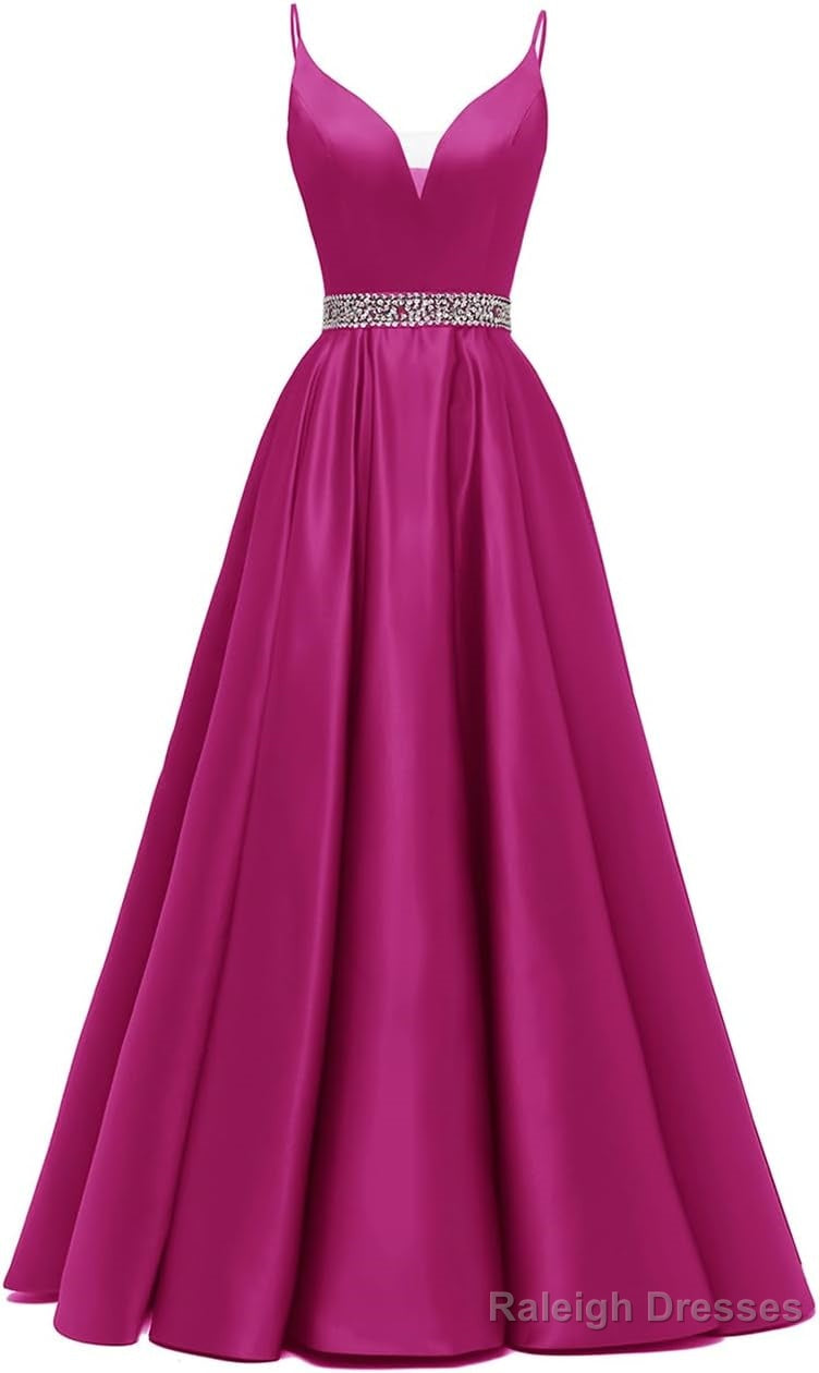 Spaghetti Straps Prom Dresses Long Satin Beaded V-Neck Formal Evening Party Ball Gowns with Pockets