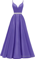 Spaghetti Straps Prom Dresses Long Satin Beaded V-Neck Formal Evening Party Ball Gowns with Pockets