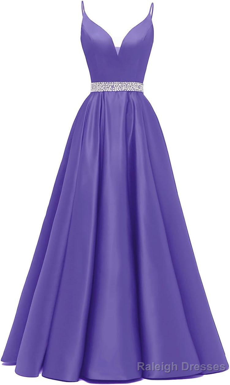 Spaghetti Straps Prom Dresses Long Satin Beaded V-Neck Formal Evening Party Ball Gowns with Pockets