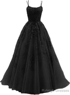 Womens Lace Appliques Prom Dress Long Spaghetti Strap Ball Gowns Tulle Prom Dresses for Prom