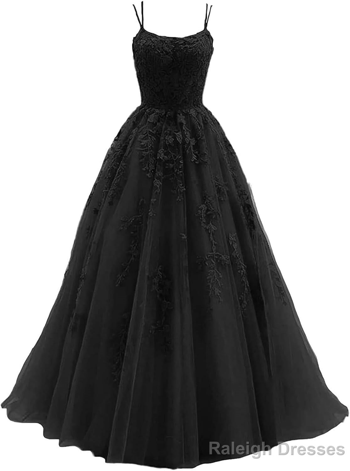 Womens Lace Appliques Prom Dress Long Spaghetti Strap Ball Gowns Tulle Prom Dresses for Prom