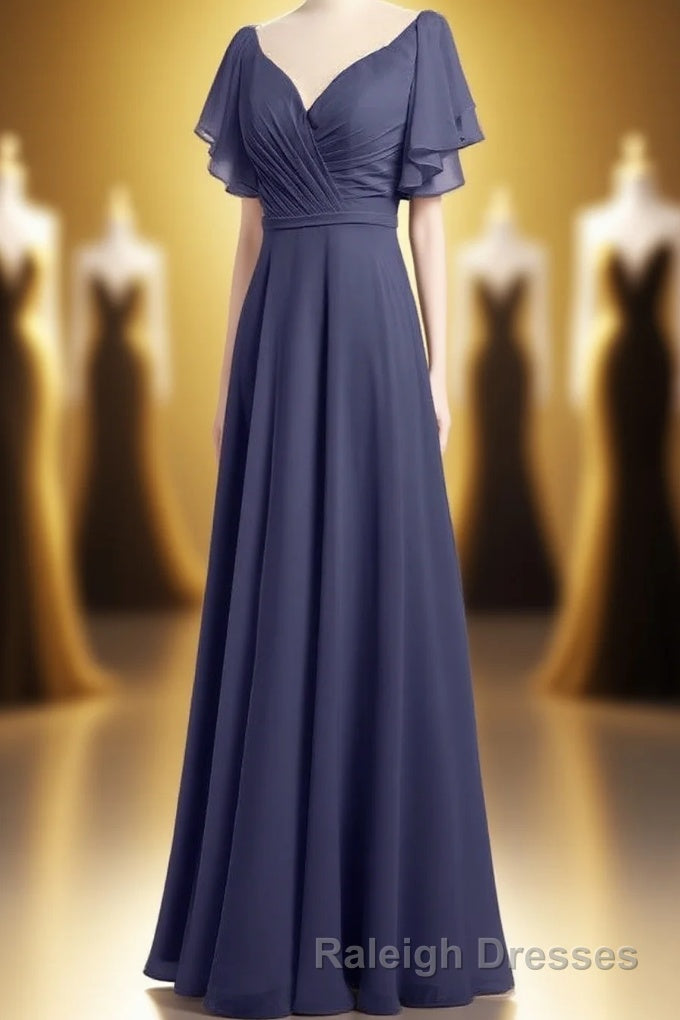 Navy Blue V-Neck Backless Ruffled A-Line Long Dress Main image