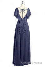 Navy Blue V-Neck Backless Ruffled A-Line Long Dress
