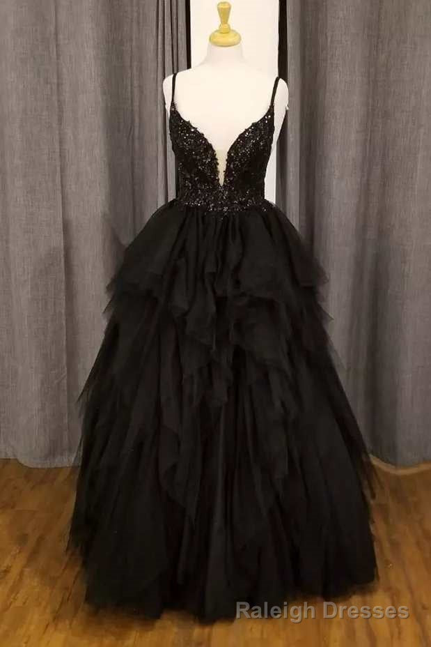 Black Tulle Floral Lace Straps Tiered A-Line Prom Gown Main image