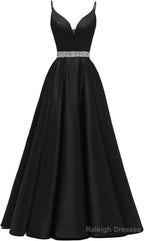 Spaghetti Straps Prom Dresses Long Satin Beaded V-Neck Formal Evening Party Ball Gowns with Pockets