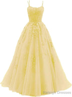 Womens Lace Appliques Prom Dresses Long Spaghetti Strap Ball Gowns Tulle Formal Dress for Party