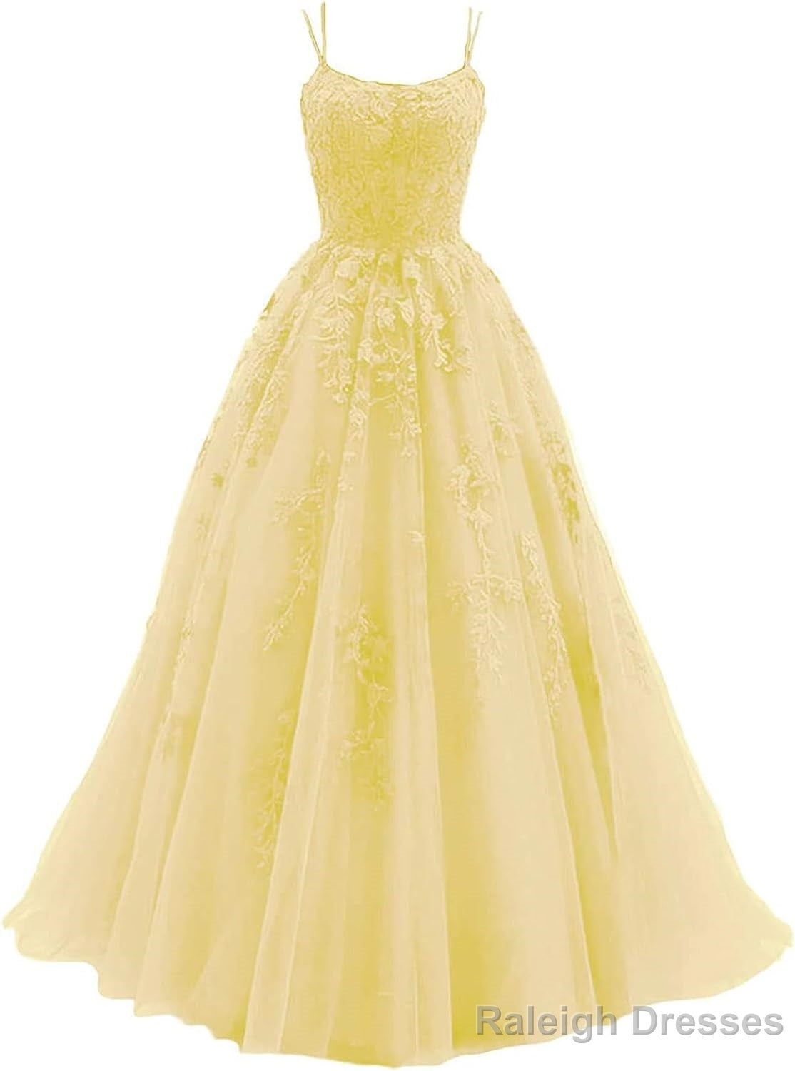 Womens Lace Appliques Prom Dresses Long Spaghetti Strap Ball Gowns Tulle Formal Dress for Party