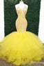 yellow sexy prom dresses with deep v neck lace appliques mermaid Prom Gown