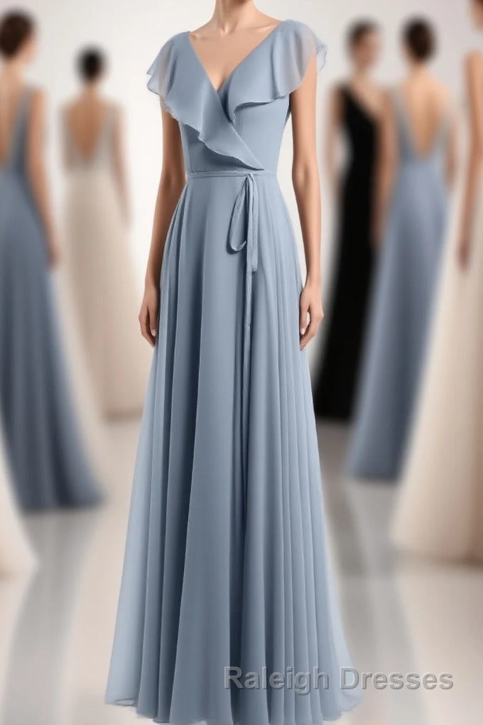 Dusty Blue V-Neck Backless Ruffled A-Line Long Bridesmaid Dress Main image