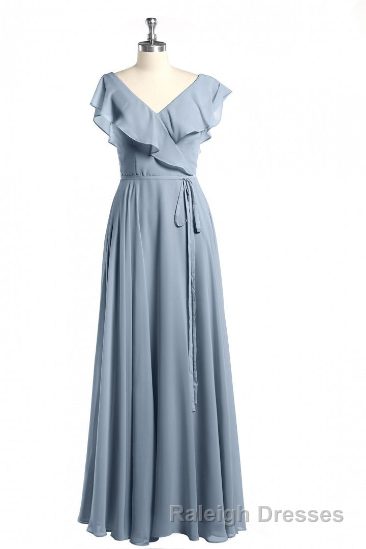 Dusty Blue V Neck Backless Ruffled A Line Long Bridesmaid Dresses