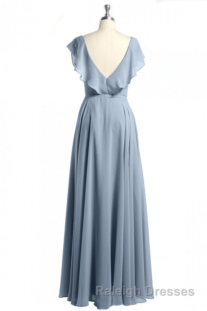 Dusty Blue V-Neck Backless Ruffled A-Line Long Bridesmaid Dress Secondary image