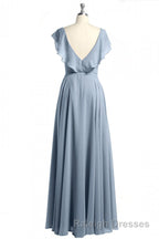 Dusty Blue V-Neck Backless Ruffled A-Line Long Bridesmaid Dress