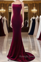 Simple Velvet Mermaid Burgundy Long Prom Dress, Burgundy Long Formal Dress