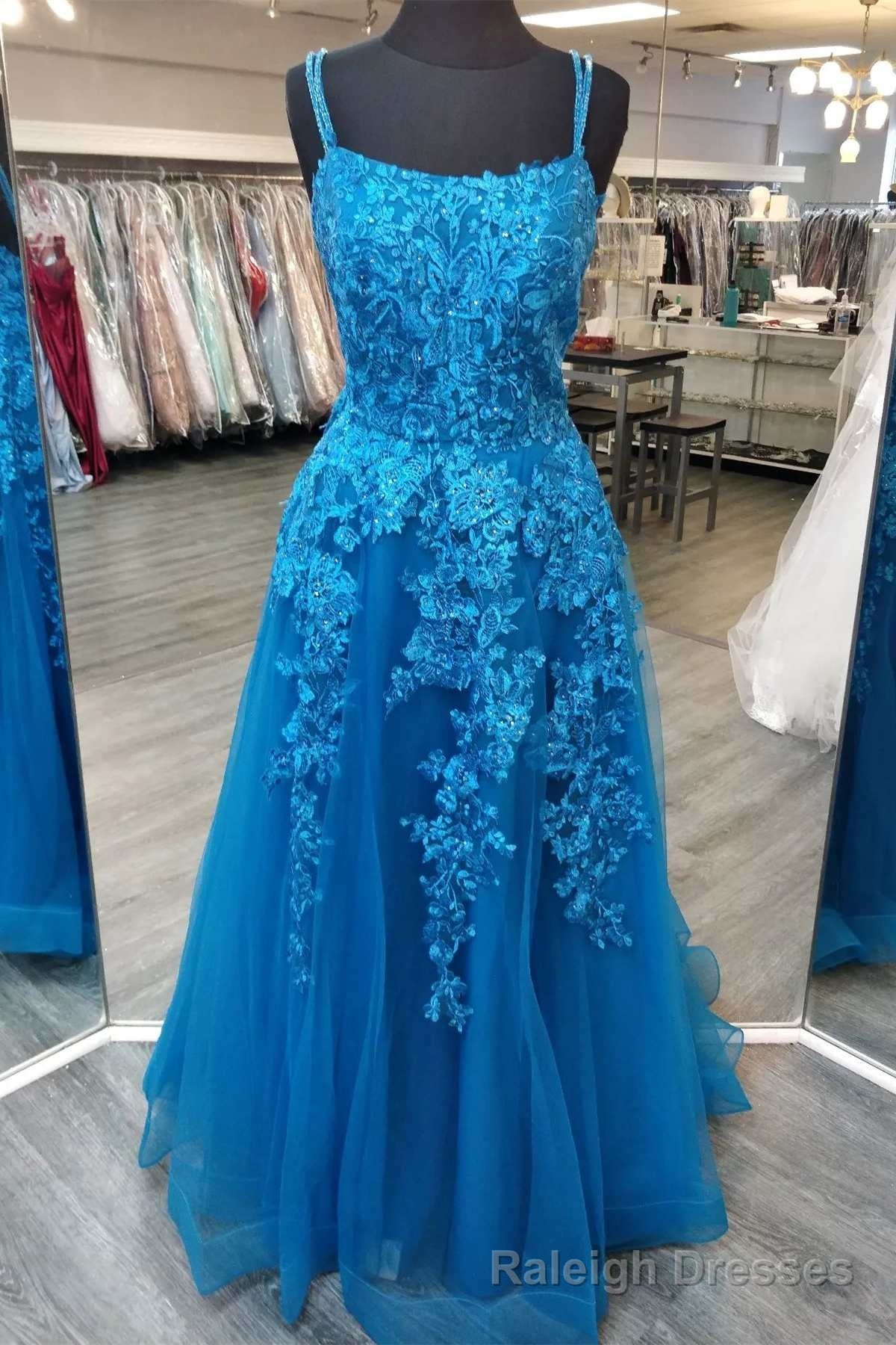 Blue Floral Appliques Straps A-Line Prom Gown Main image