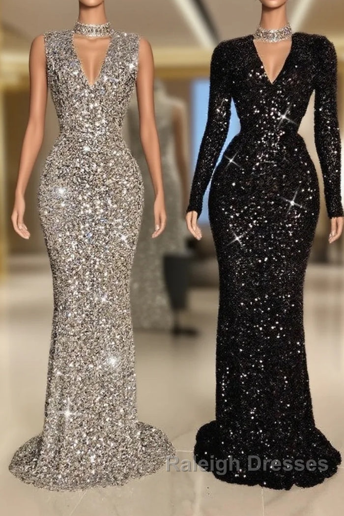 Glitter Long V Neck Sequined Floor Length Mermaid Prom Dress with Sleeves