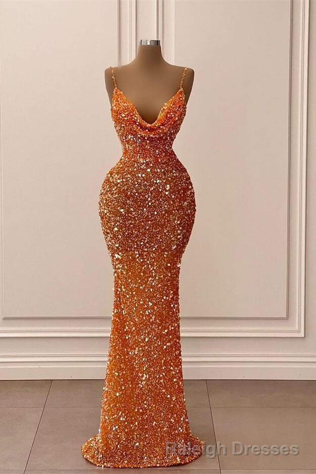 Orange V-Neck Spaghetti-Straps Mermaid Long Prom Dress With Sequins Main image
