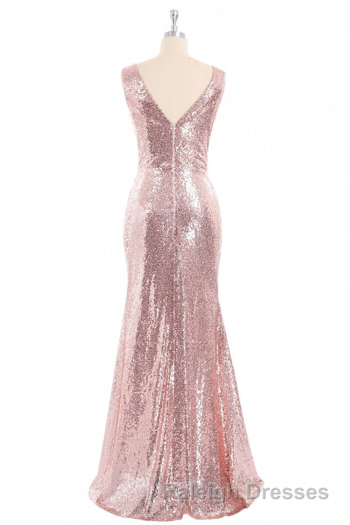 Rose Gold Sequin V-neck Long Formal Dress with Slit Secondary image