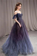 A Line Dark Purple Ombre Tulle Prom Prom Dresses Long Prom Dresses