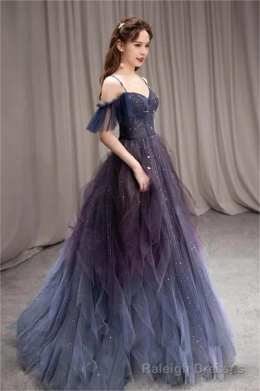 A Line Dark Purple Ombre Tulle Prom Prom Dresses Long Prom Dresses