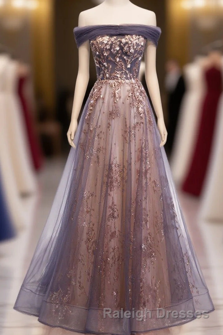 Unique Tulle Off Shoulder Lace Long Prom Dress, Lace Formal Dress Main image