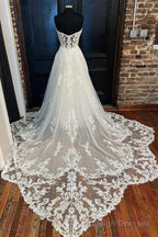 White Lace Tulle Strapless Long Bridal Gowns