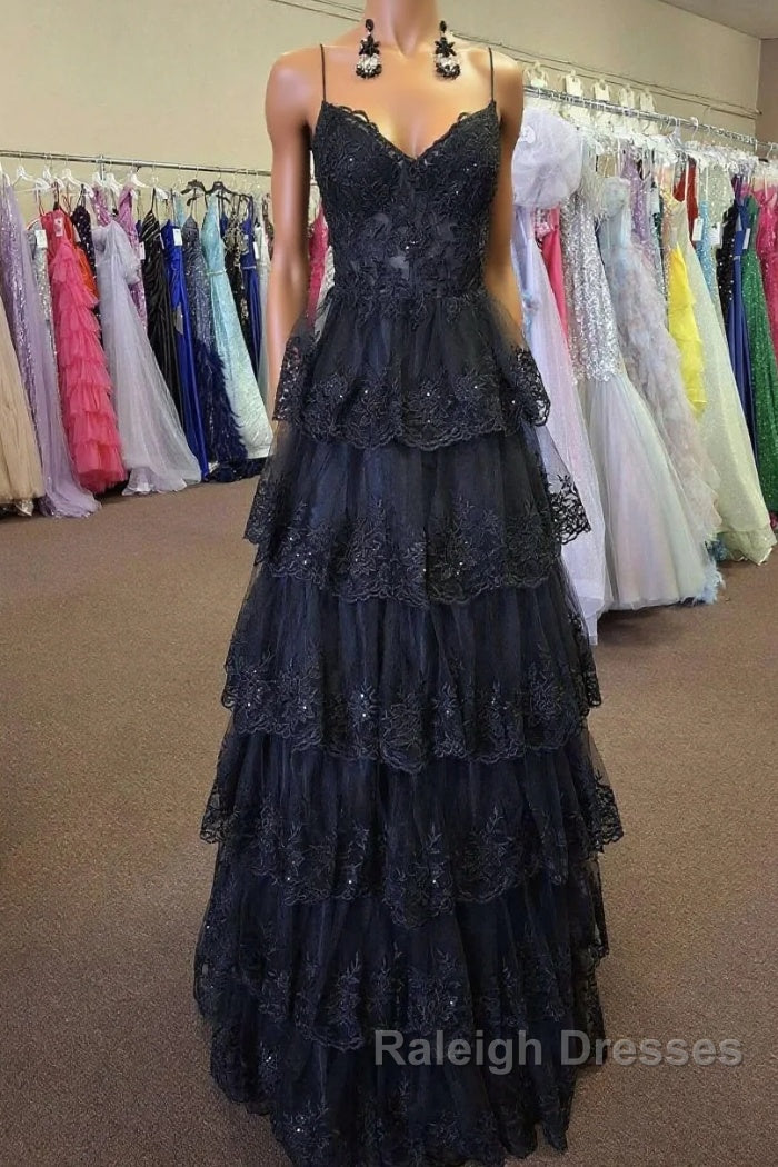 Straps Black Appliques Tulle Ruffle A Line Prom Dresses