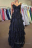 Straps Black Appliques Tulle Ruffle A-line Prom Dress