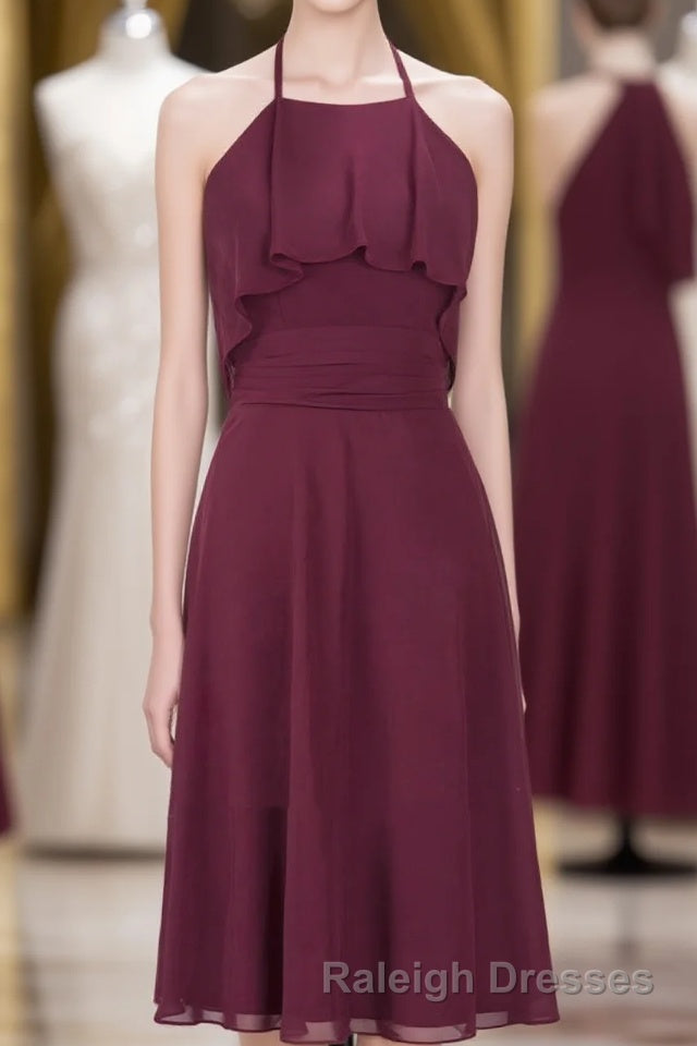 Burgundy Halter Backless Ruffled A Line Short Dresses