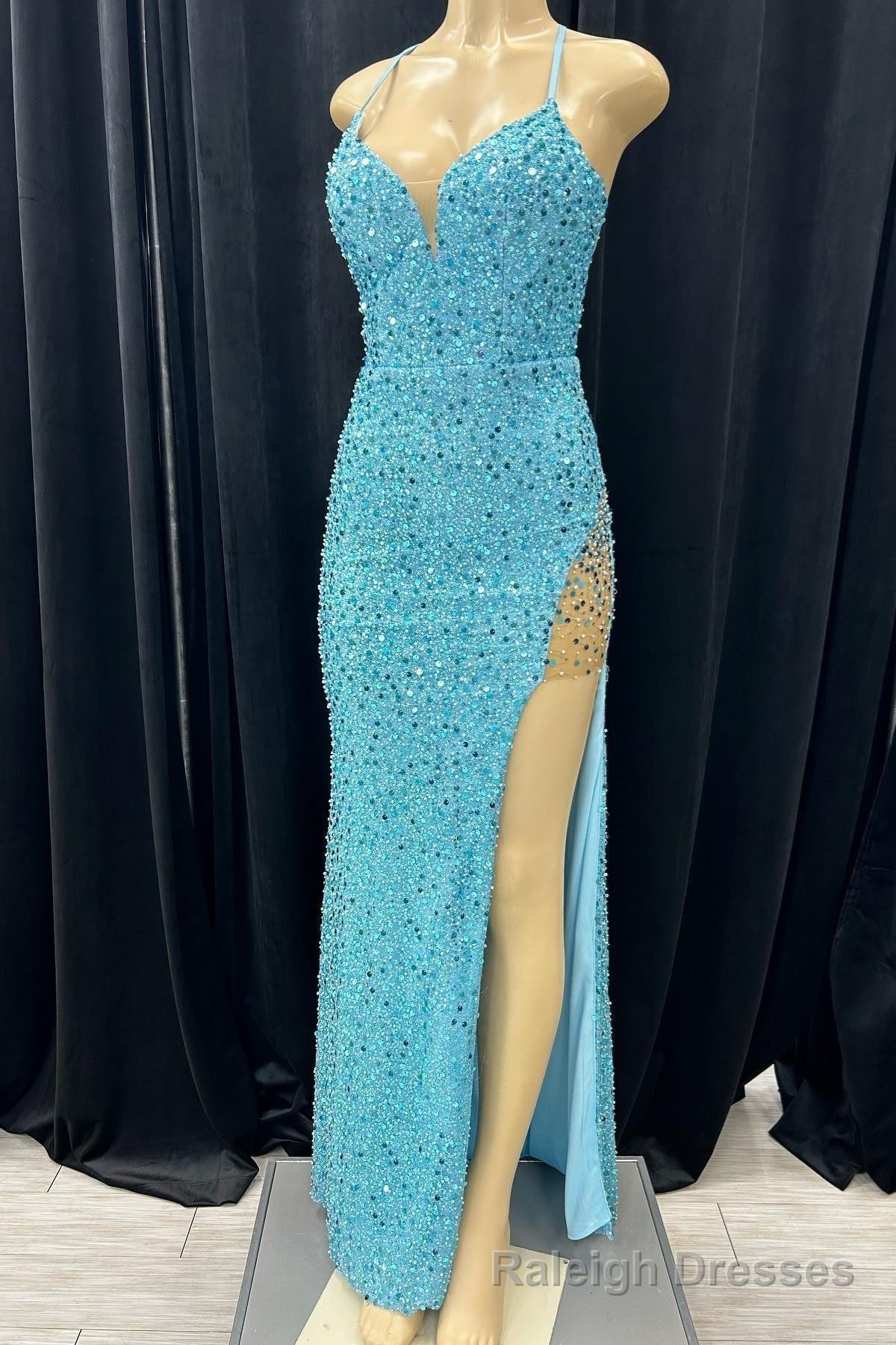 Blue Mermaid Sequins V Neck Lace-Up Back Long Prom Dress with Slit Main image