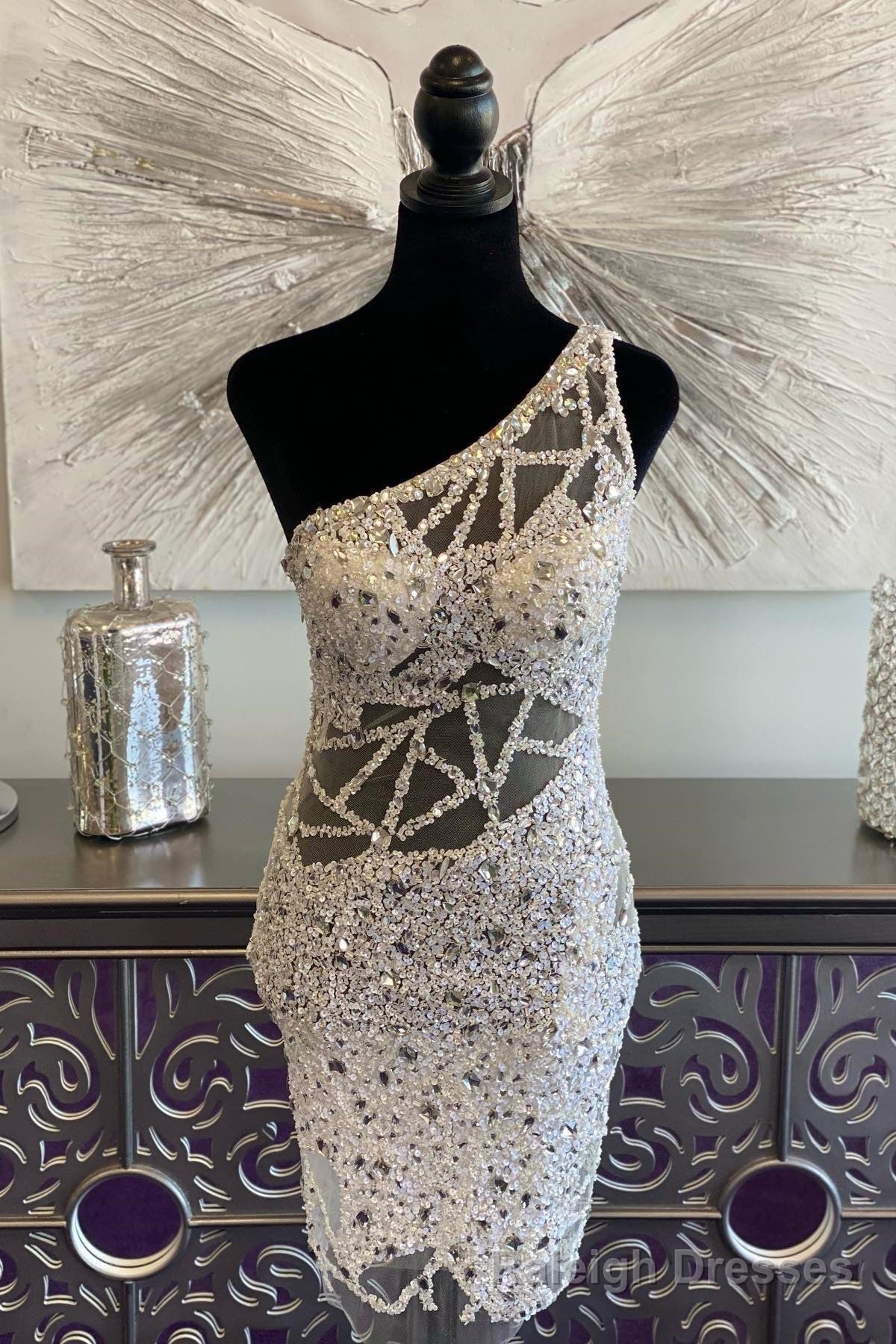 White One Shoulder Beaded Sheath Homecoming Dress with Wing Main image